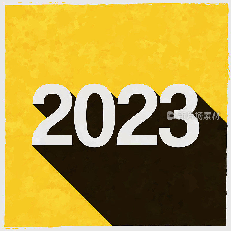 2023 - 2323。图标与长阴影的纹理黄色背景